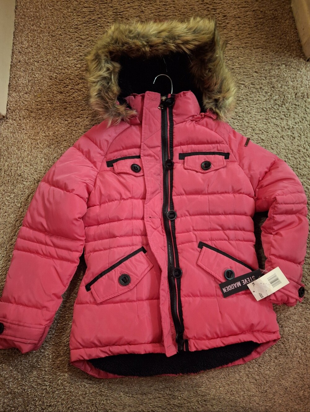 Brand New Steve Madden Girl's Hot Pink Puffer Jacket with Faux Fur Good